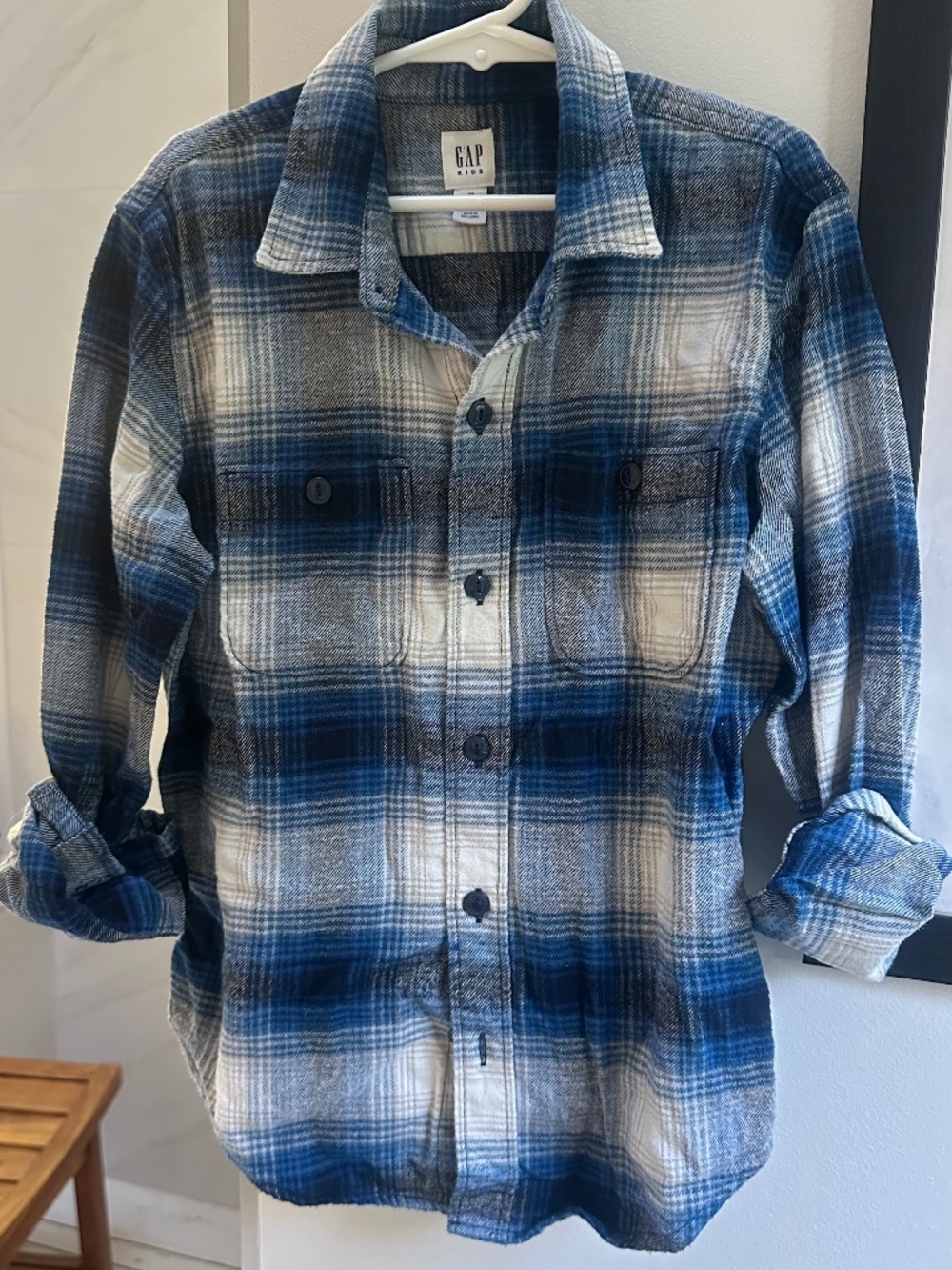 Gap Kids Boys M 8-9 True Royal Blue Plaid Holiday Flannel Shirt